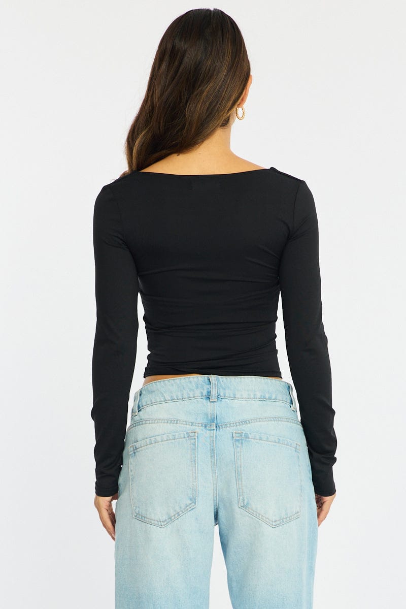 Black T-shirt - Long Sleeve - Slim Fit - Scoop Neck - St for Ally Fashion