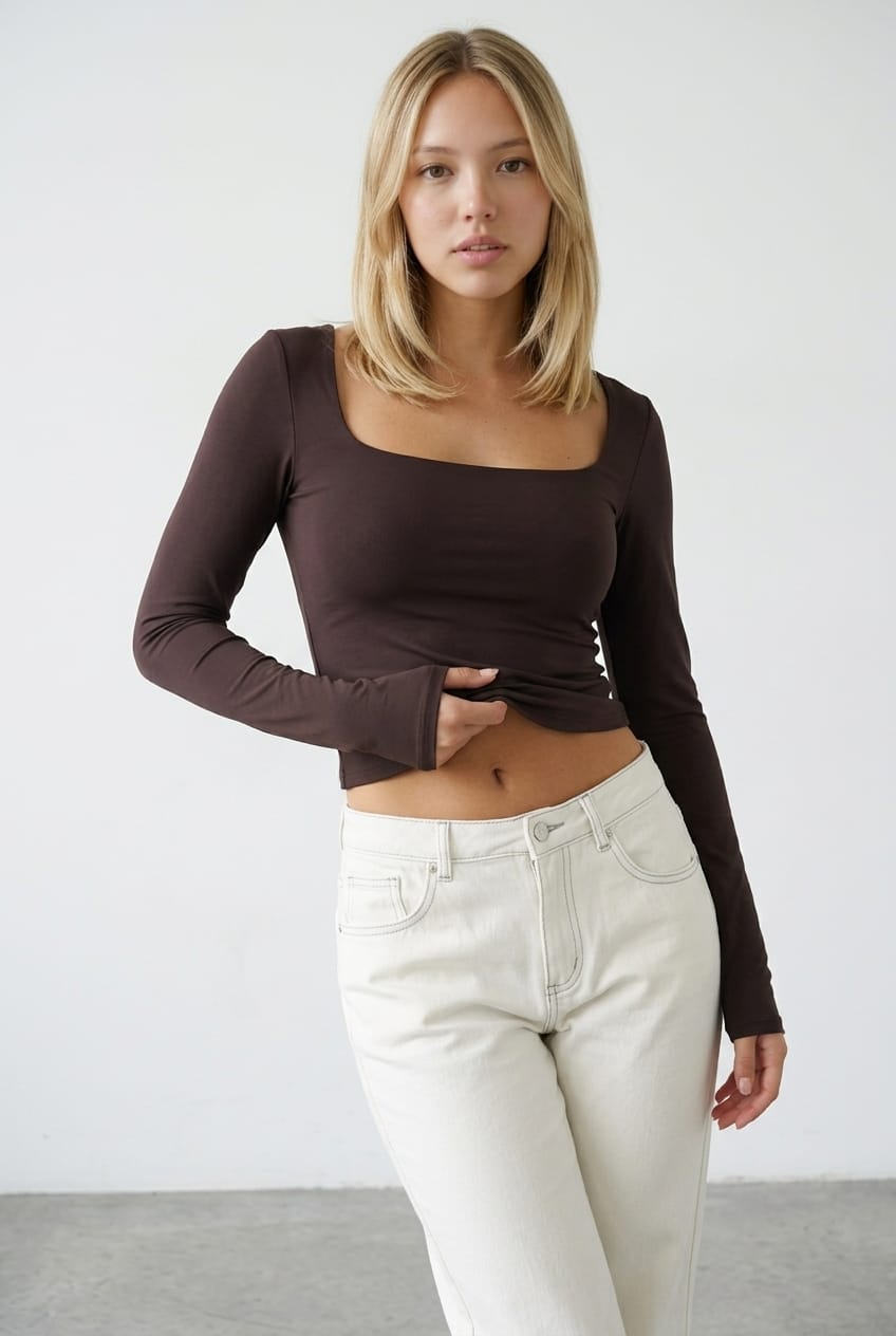 Brown Long Sleeve Slim Fit Scoop Neck Top for Ally Fashion