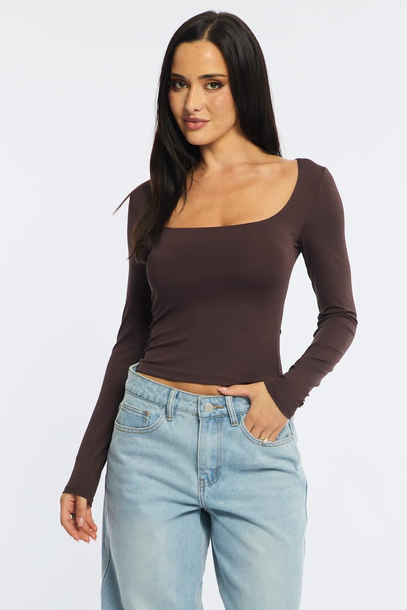 Brown Long Sleeve Slim Fit Scoop Neck Top for Ally Fashion