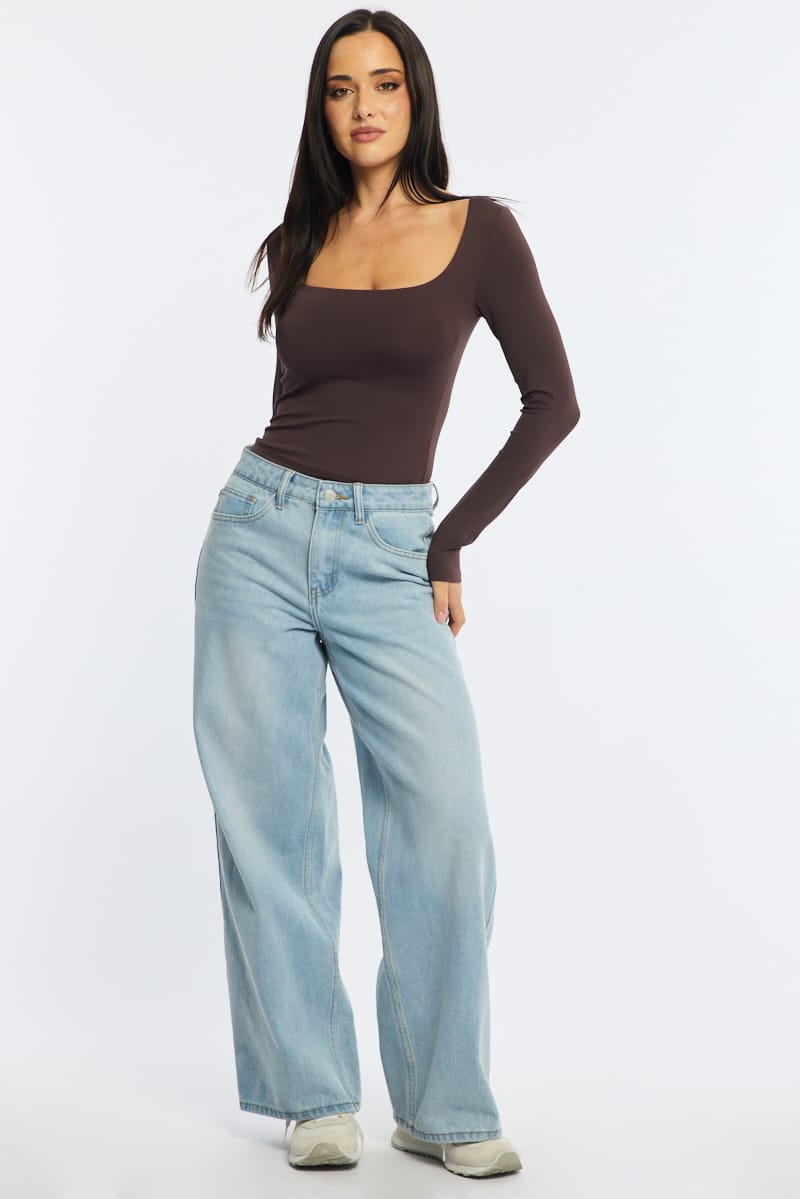Brown Long Sleeve Slim Fit Scoop Neck Top for Ally Fashion