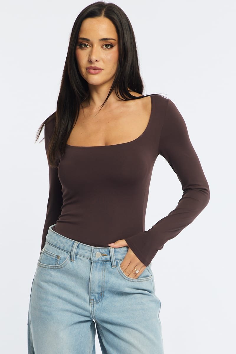 Brown Long Sleeve Slim Fit Scoop Neck Top for Ally Fashion