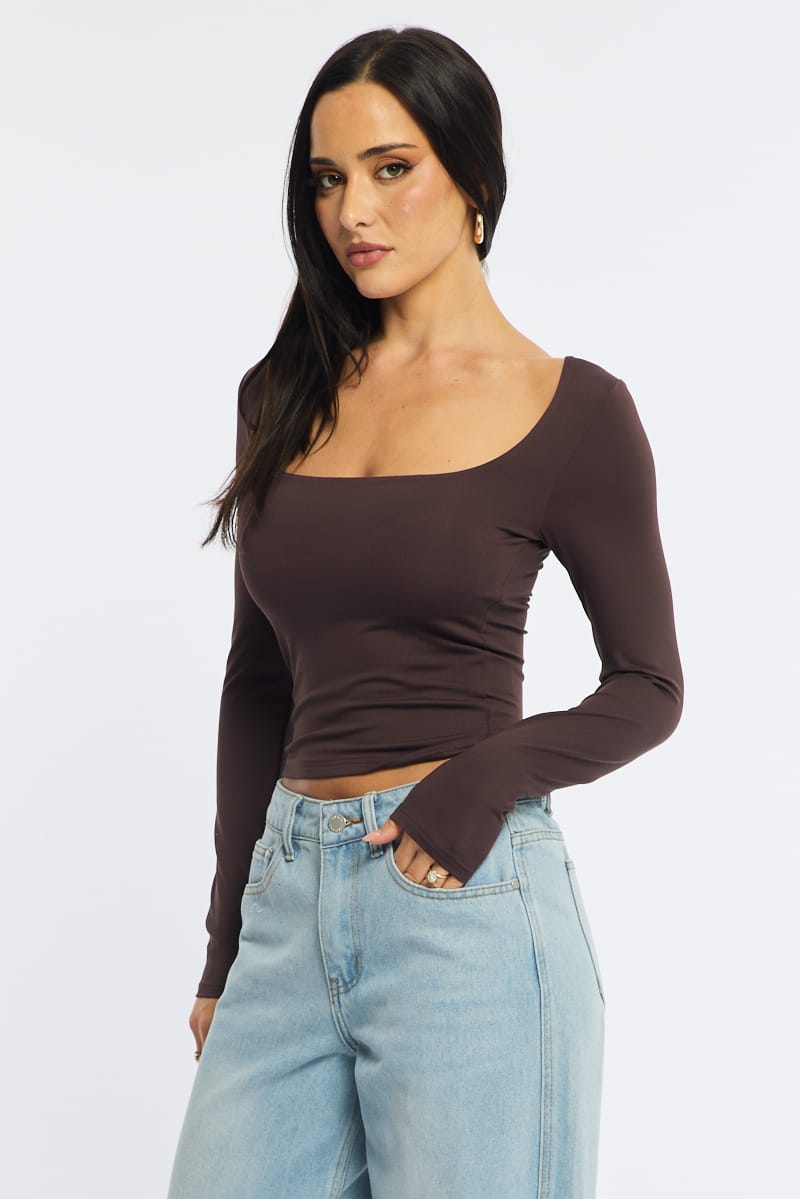 Brown Long Sleeve Slim Fit Scoop Neck Top for Ally Fashion