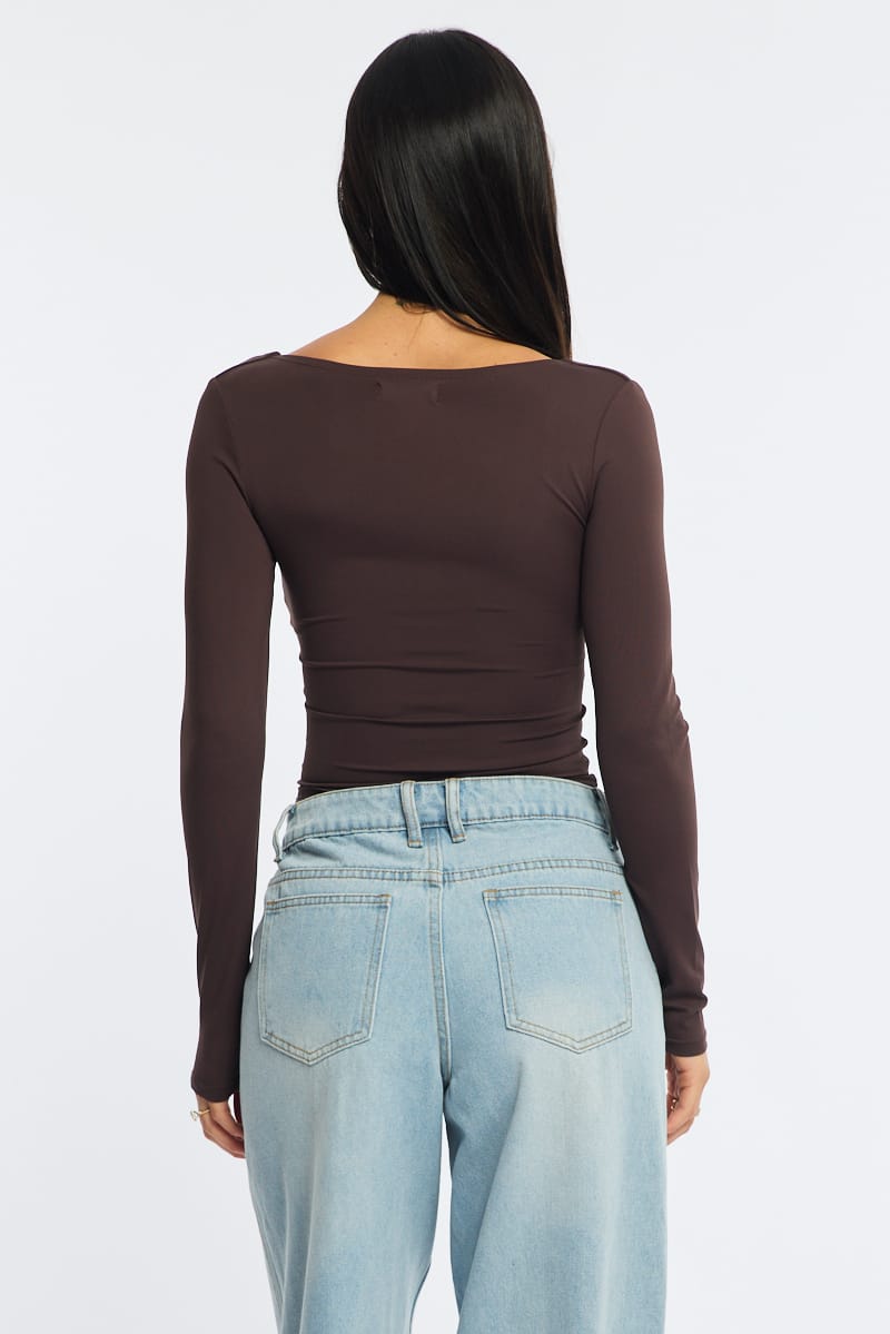 Brown Long Sleeve Slim Fit Scoop Neck Top for Ally Fashion