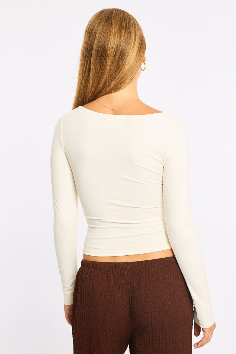 White T-shirt - Long Sleeve - Slim Fit - Scoop Neck - St for Ally Fashion