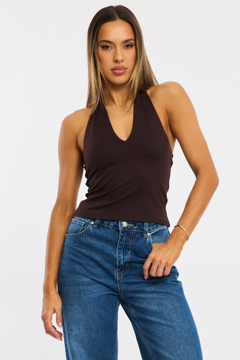 Brown Supersoft Halter Neck Top for Ally Fashion