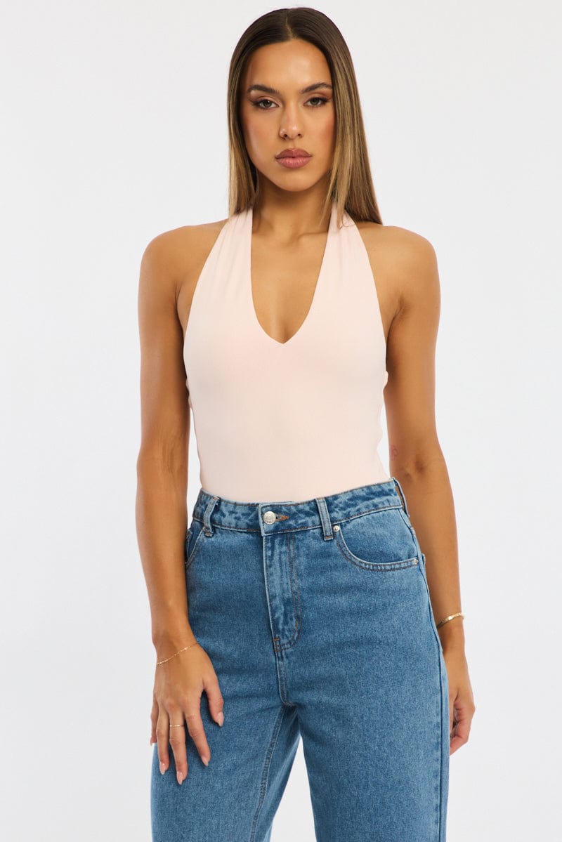 Pink Halter Neck Bodysuit for Ally Fashion