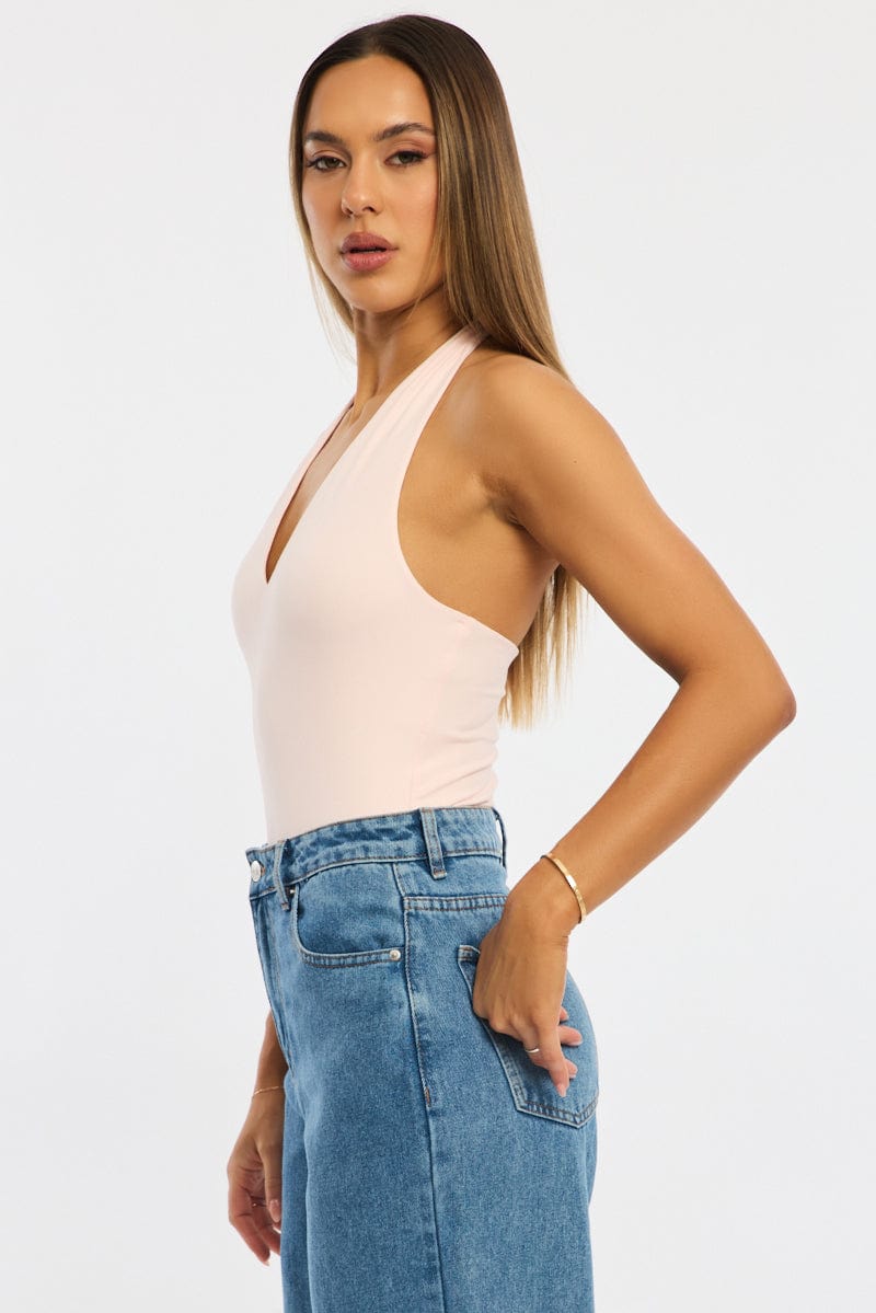 Pink Halter Neck Bodysuit for Ally Fashion