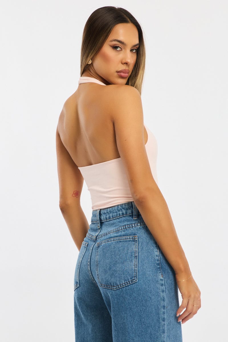 Pink Halter Neck Bodysuit for Ally Fashion