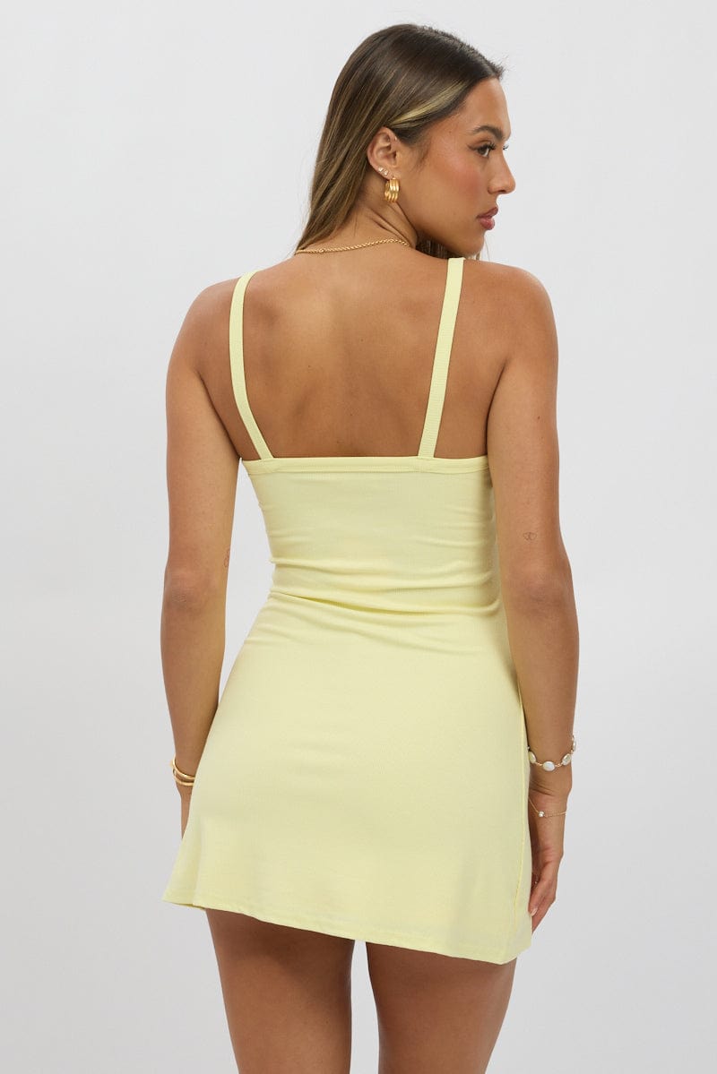 Yellow Mini Dress Sleeveless Rib A-Line for Ally Fashion