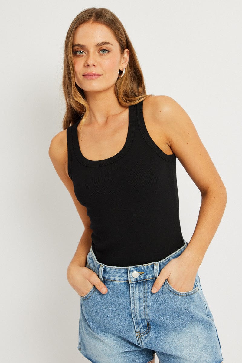 Black Singlet Top Contrast Stitch for Ally Fashion