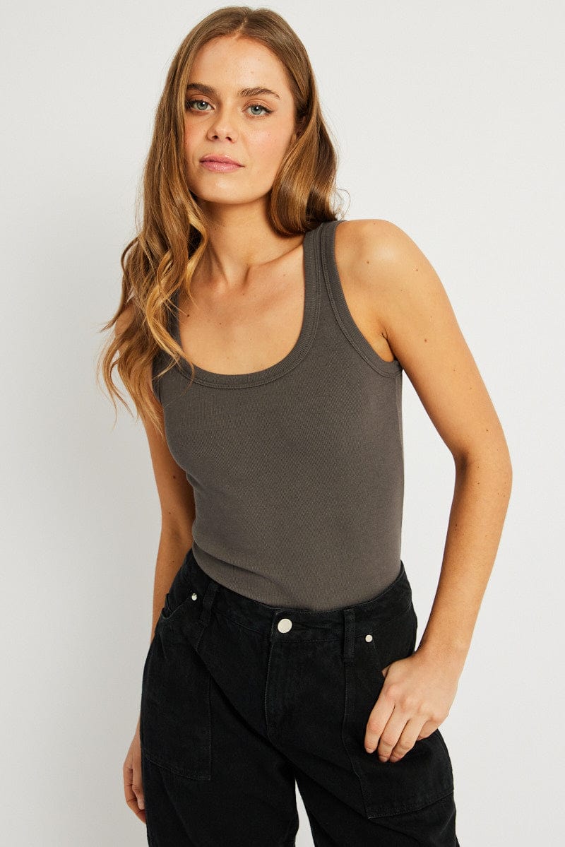 Grey Singlet Top Contrast Stitch for Ally Fashion