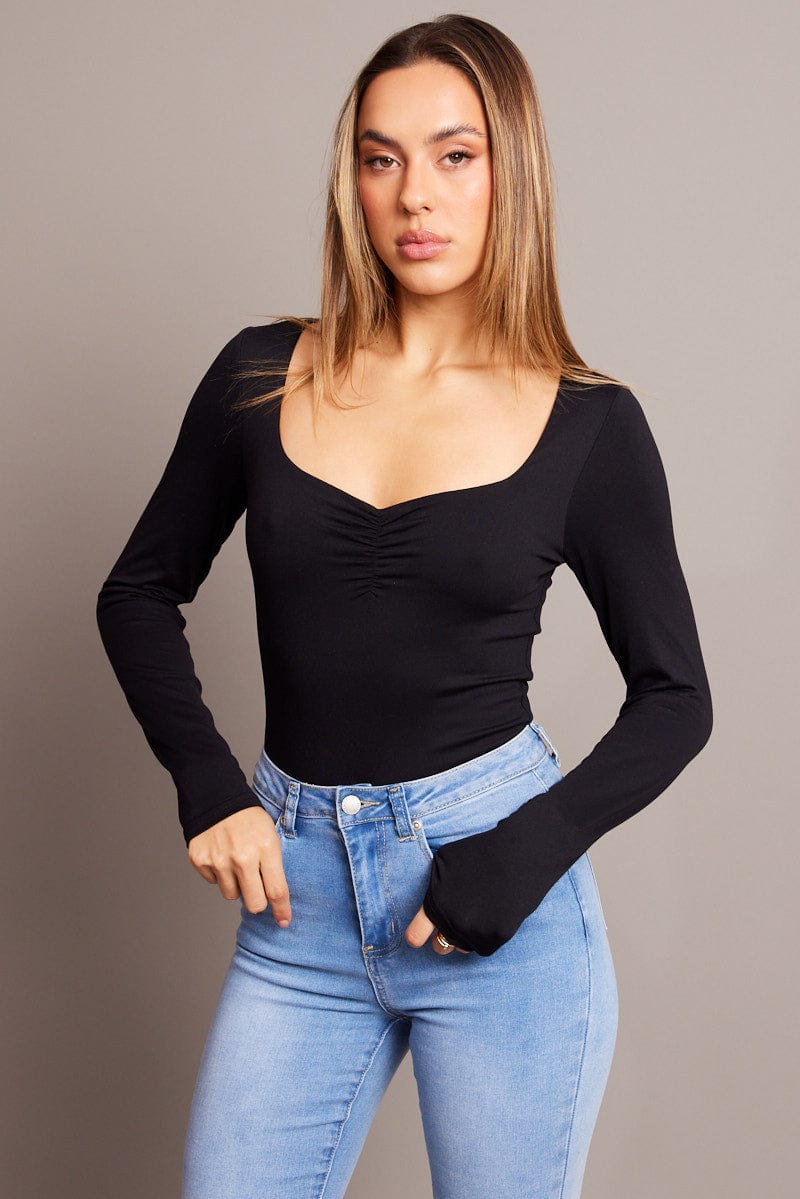 Black Bodysuit Long Sleeve Square Neck for Ally Fashion