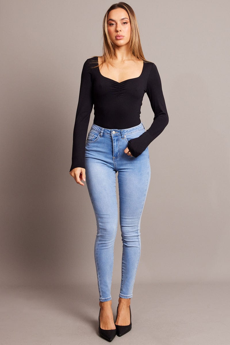 Black Bodysuit Long Sleeve Square Neck for Ally Fashion