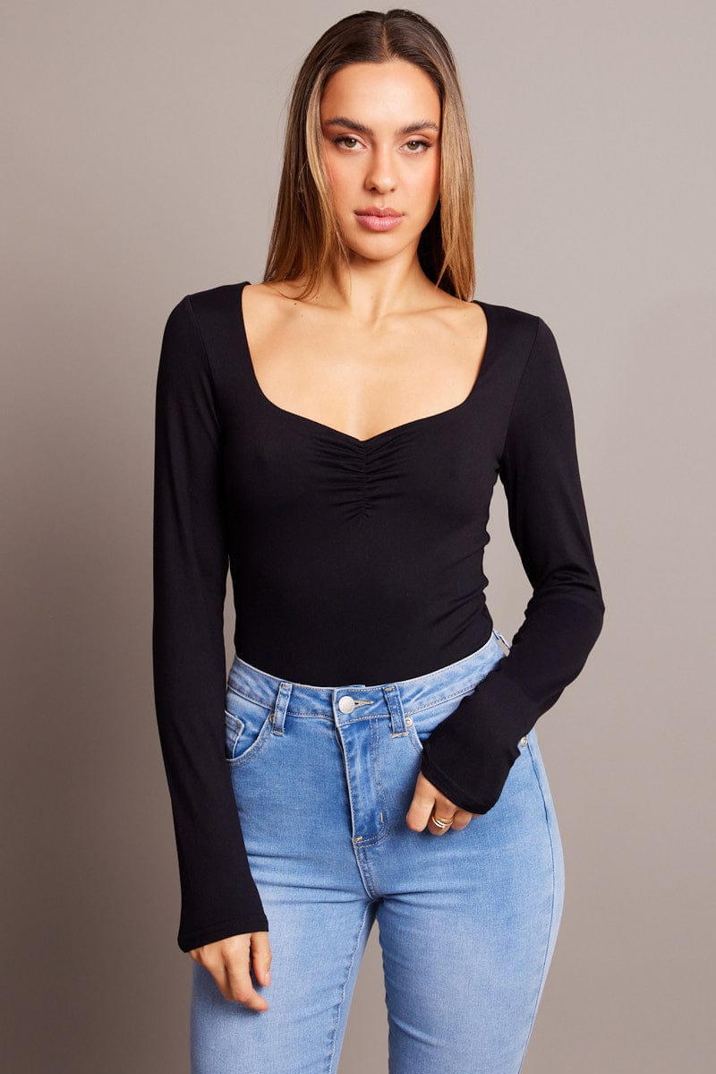 Black Bodysuit Long Sleeve Square Neck for Ally Fashion