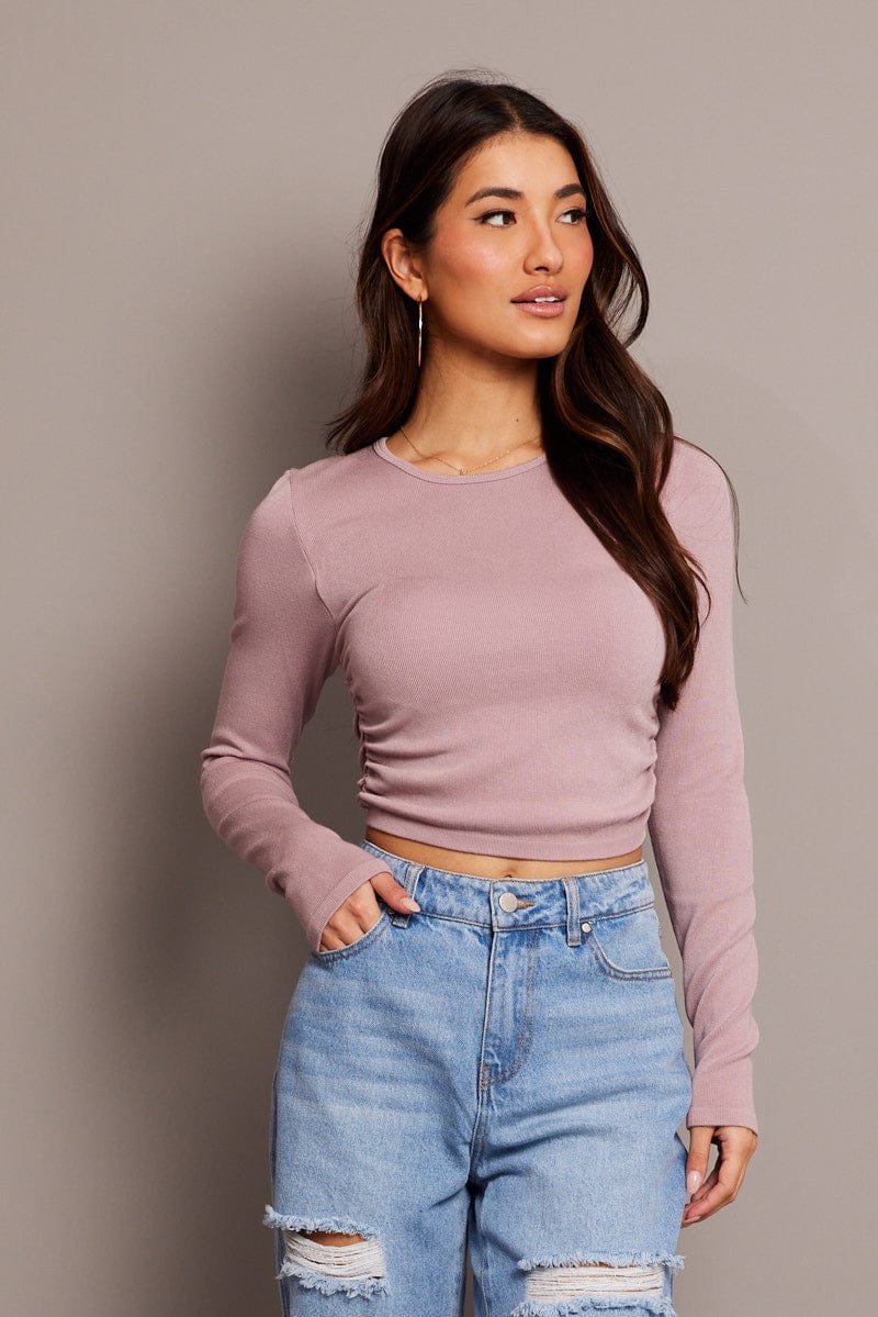 Purple Seamless Top Long Sleeve Side Ruched for Ally Fashion