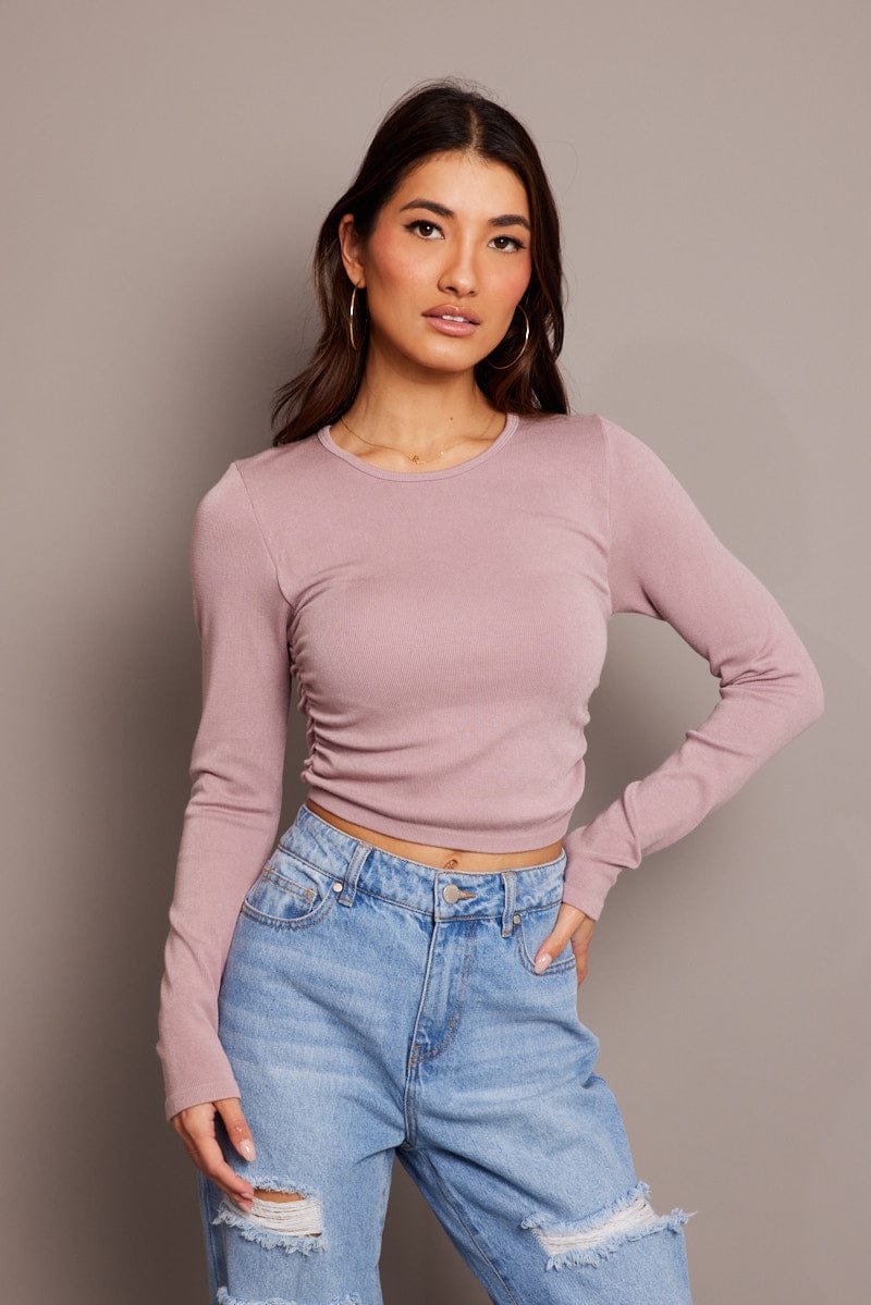 Purple Seamless Top Long Sleeve Side Ruched for Ally Fashion