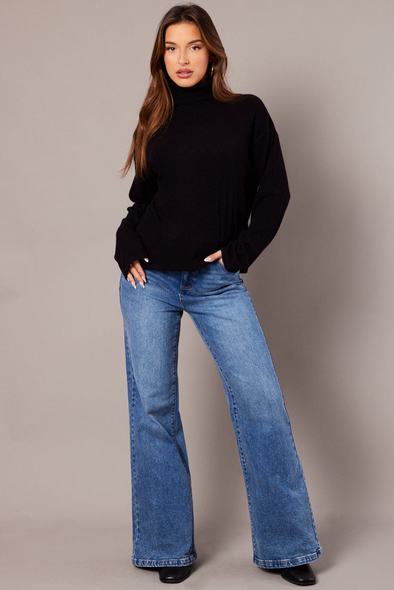 Black Top High Neck Long Sleeve Relaxed Fit Rib Jersey for Ally Fashion