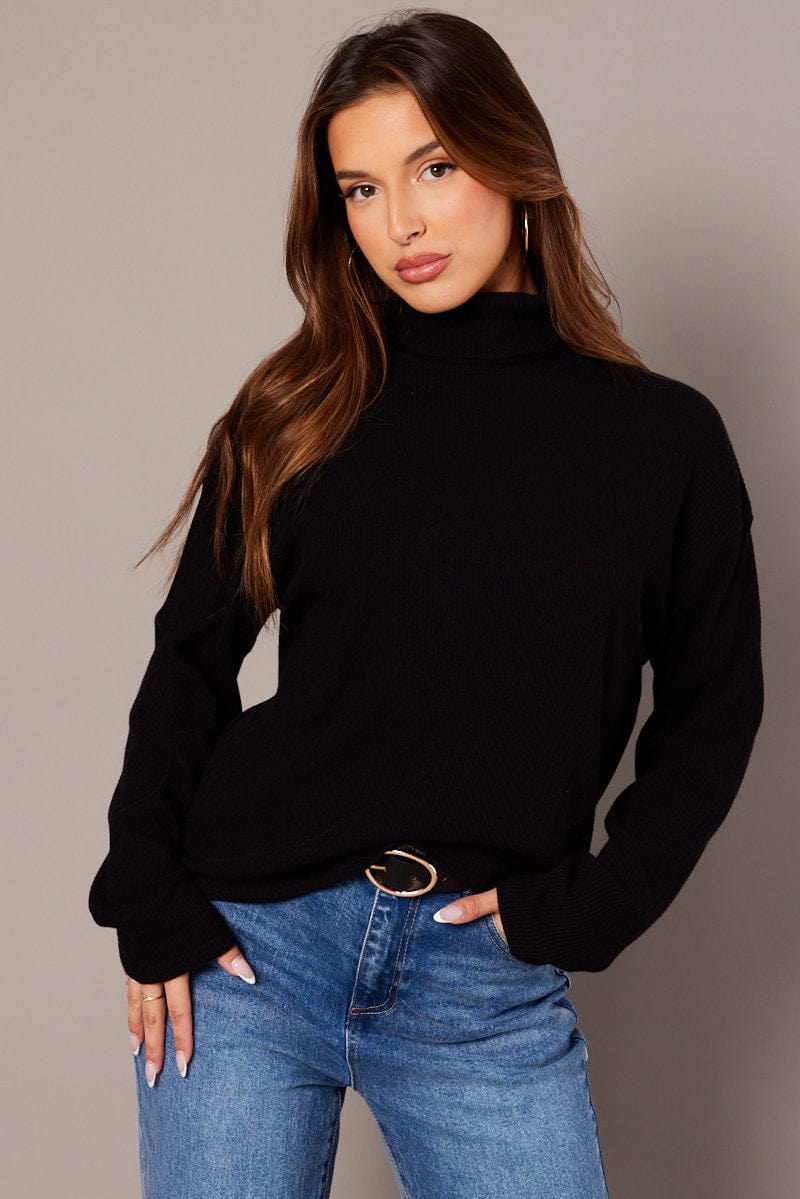 Black Top High Neck Long Sleeve Relaxed Fit Rib Jersey for Ally Fashion