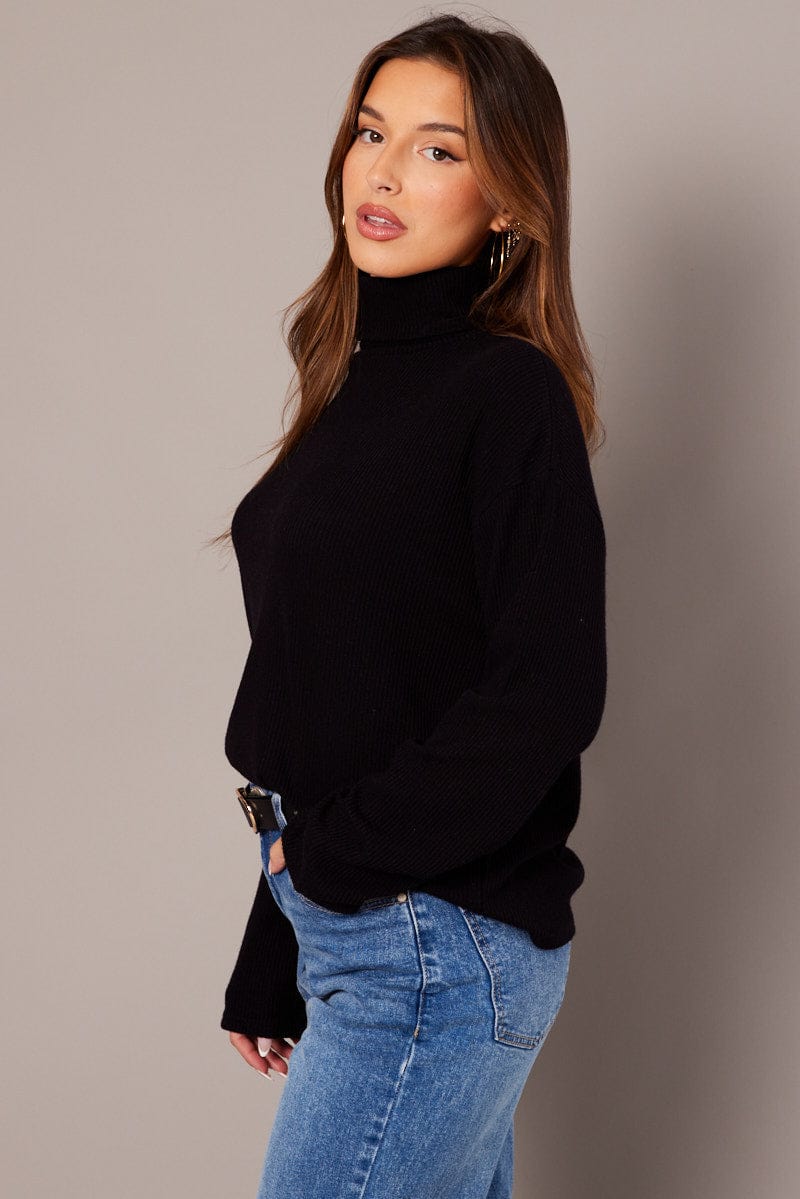 Black Top High Neck Long Sleeve Relaxed Fit Rib Jersey for Ally Fashion