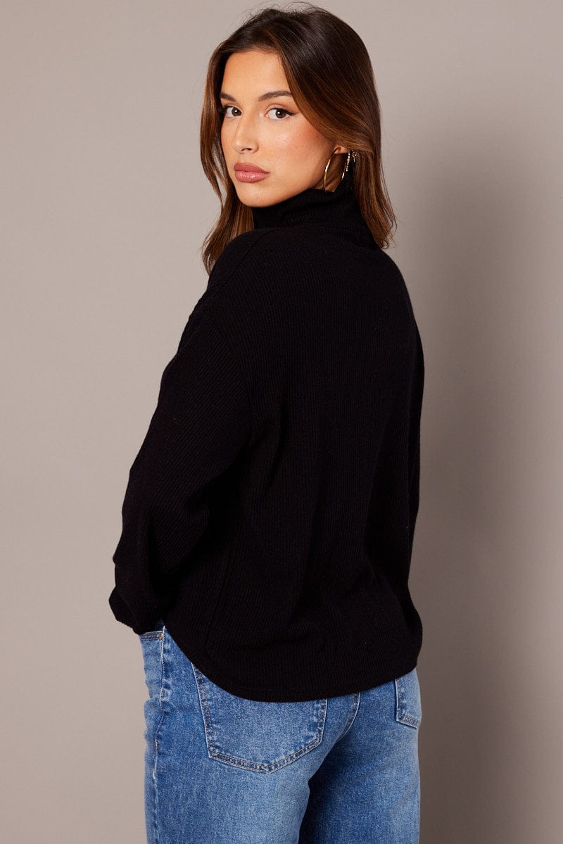 Black Top High Neck Long Sleeve Relaxed Fit Rib Jersey for Ally Fashion