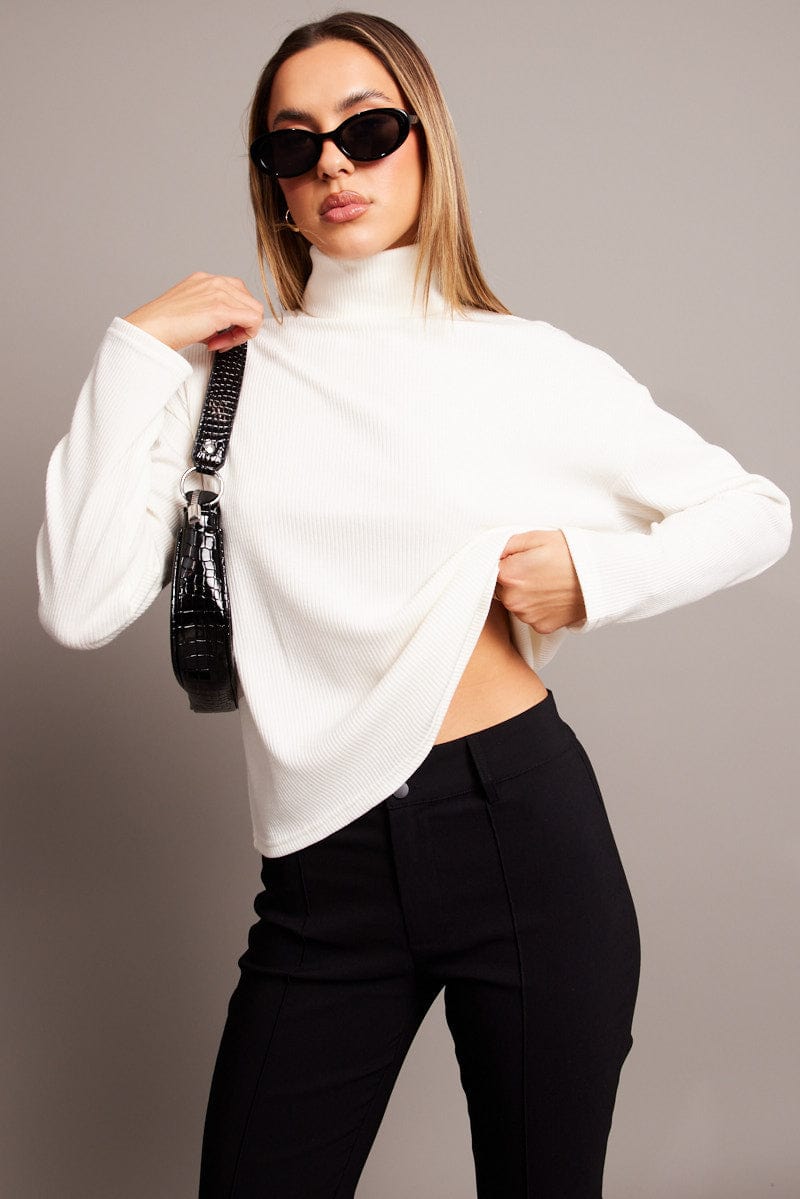 White Top High Neck Long Sleeve Relaxed Fit Rib Jersey for Ally Fashion