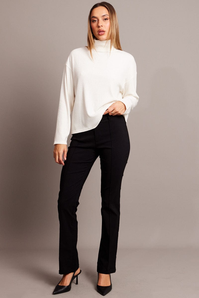 White Top High Neck Long Sleeve Relaxed Fit Rib Jersey for Ally Fashion