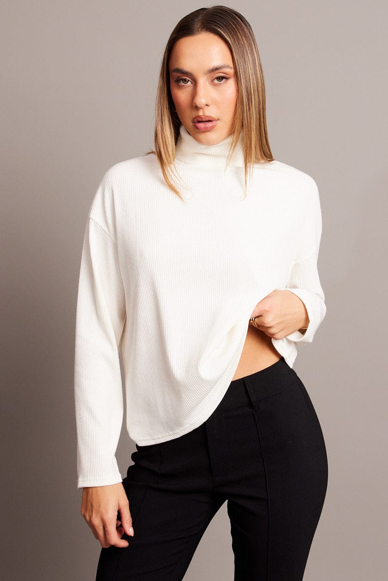 White Top High Neck Long Sleeve Relaxed Fit Rib Jersey for Ally Fashion