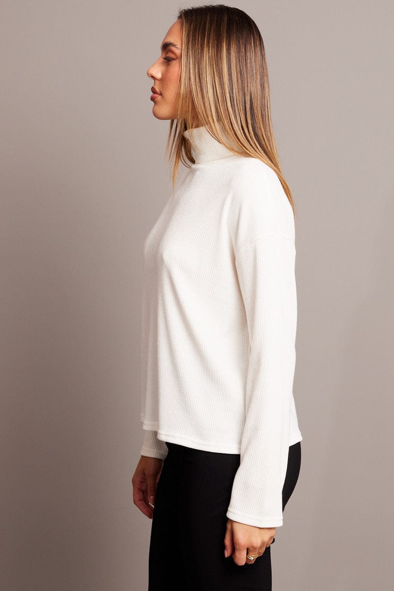 White Top High Neck Long Sleeve Relaxed Fit Rib Jersey for Ally Fashion