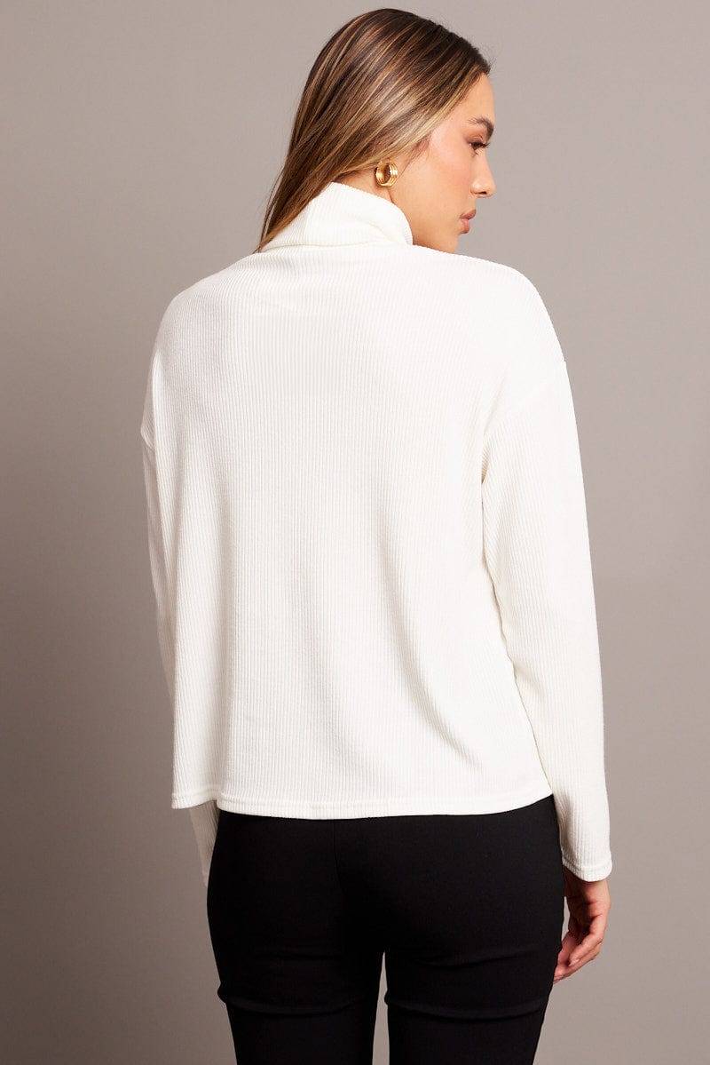 White Top High Neck Long Sleeve Relaxed Fit Rib Jersey for Ally Fashion