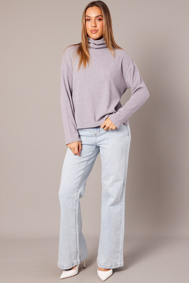 Grey Top High Neck Long Sleeve Relaxed Fit Rib Jersey for Ally Fashion