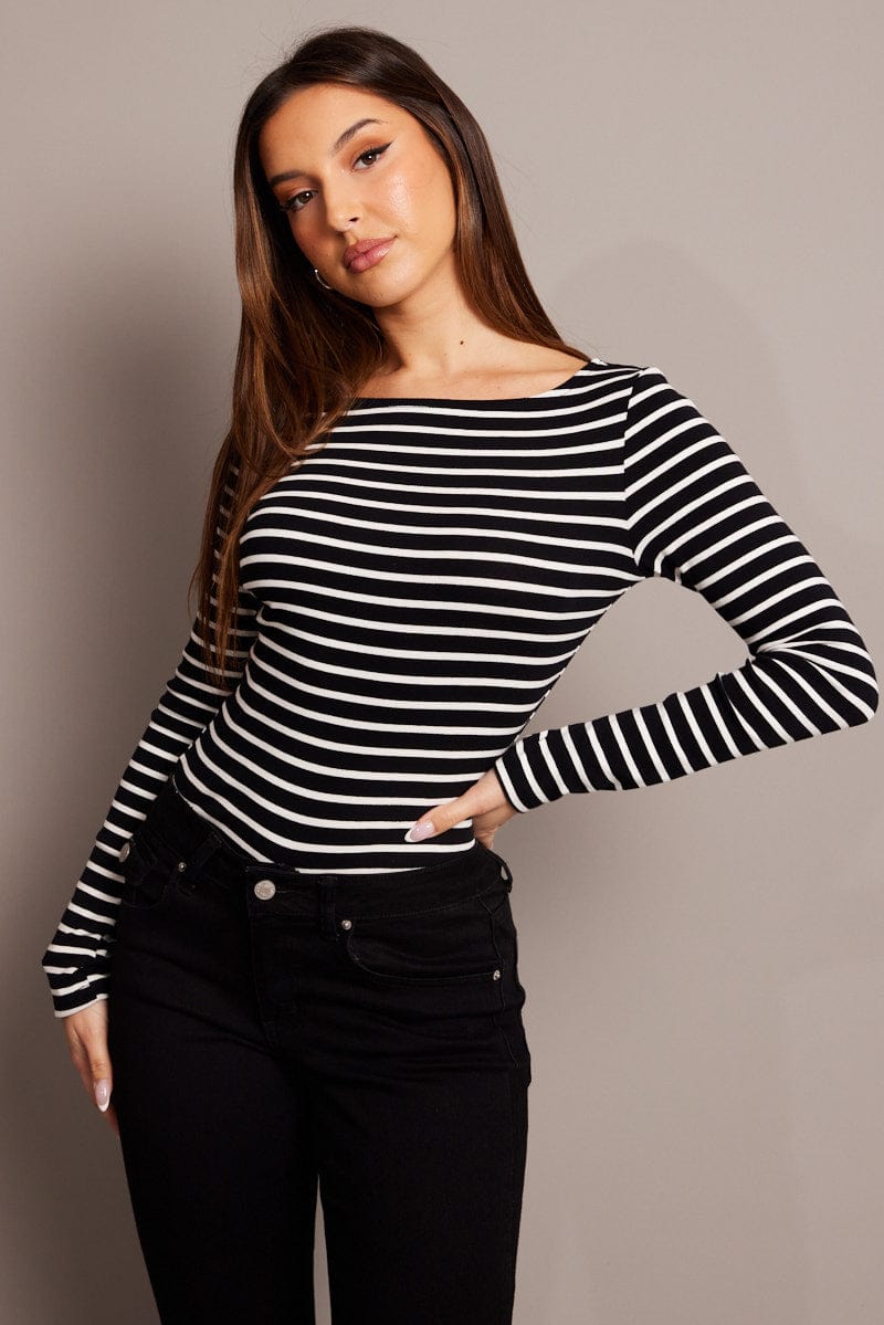 Black Stripe T Shirt Long Sleeve Boat Neck Longline for Ally Fashion