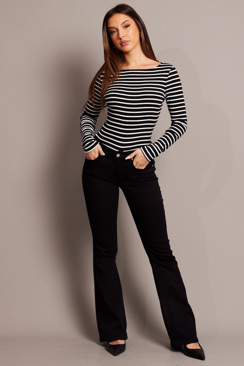 Black Stripe T Shirt Long Sleeve Boat Neck Longline for Ally Fashion