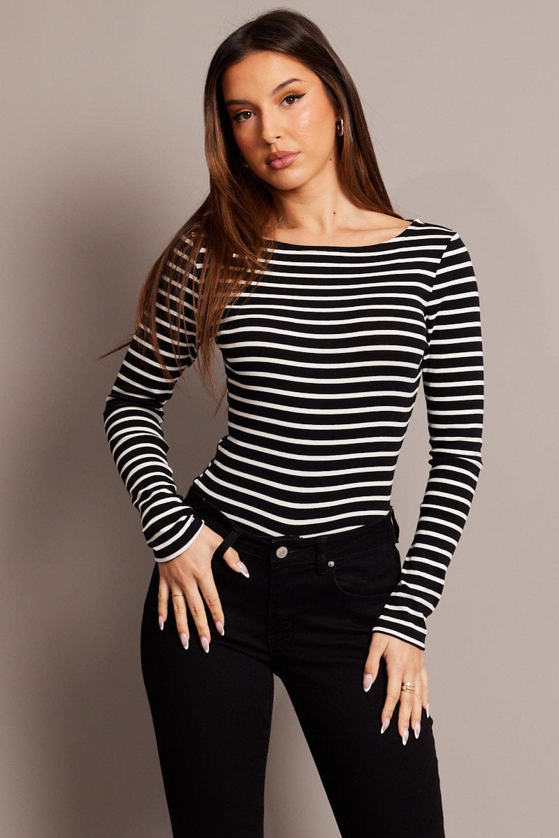 Black Stripe T Shirt Long Sleeve Boat Neck Longline for Ally Fashion