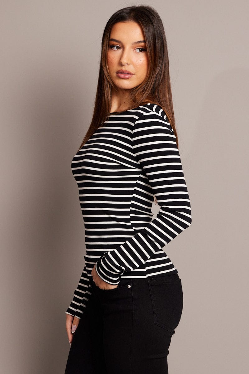 Black Stripe T Shirt Long Sleeve Boat Neck Longline for Ally Fashion