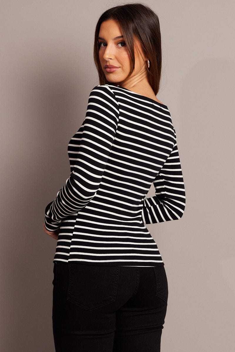 Black Stripe T Shirt Long Sleeve Boat Neck Longline for Ally Fashion