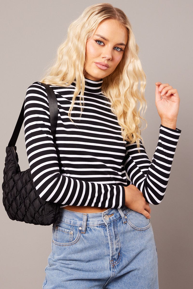 Black Stripe Top Long Sleeve High Neck for Ally Fashion