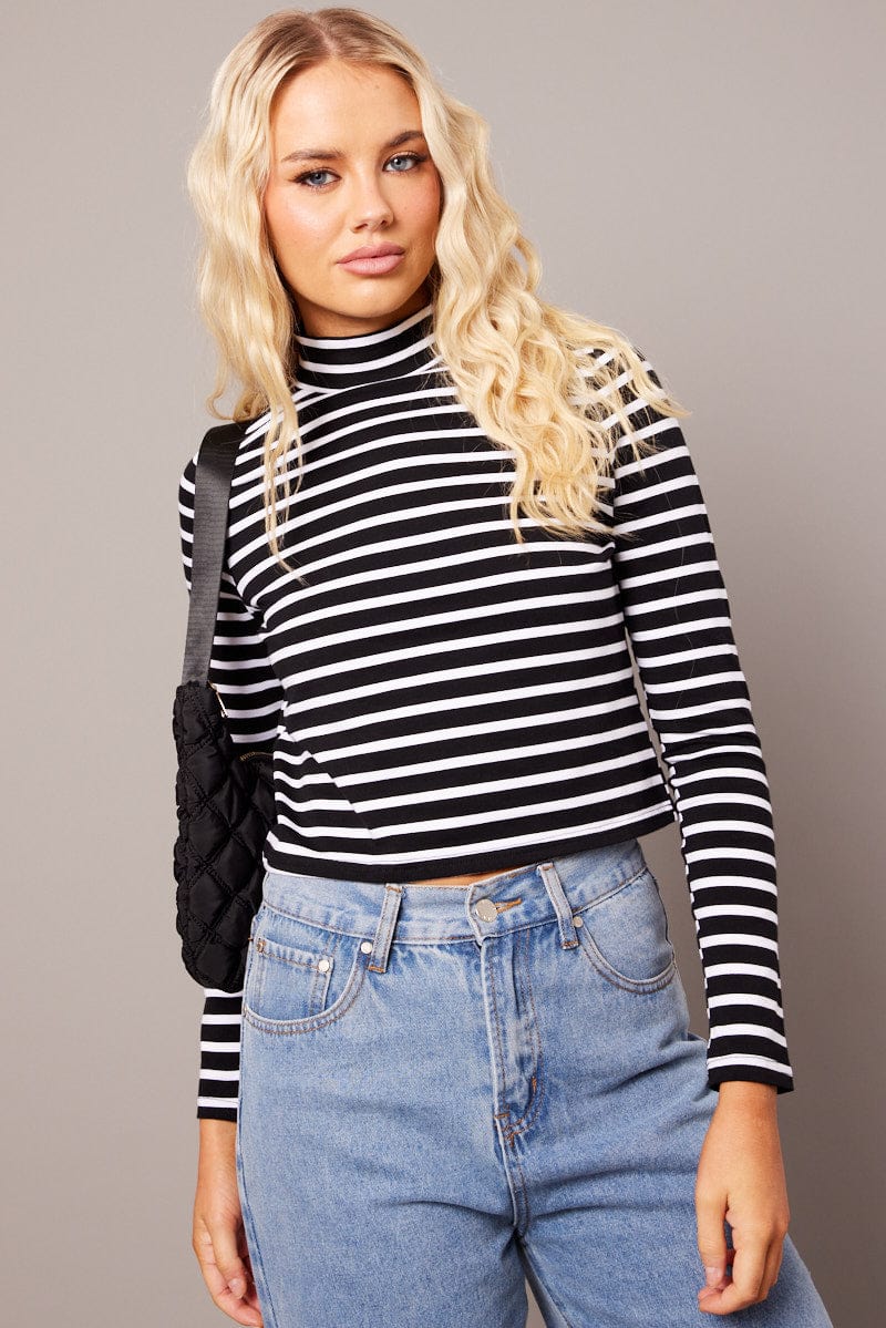 Black Stripe Top Long Sleeve High Neck for Ally Fashion