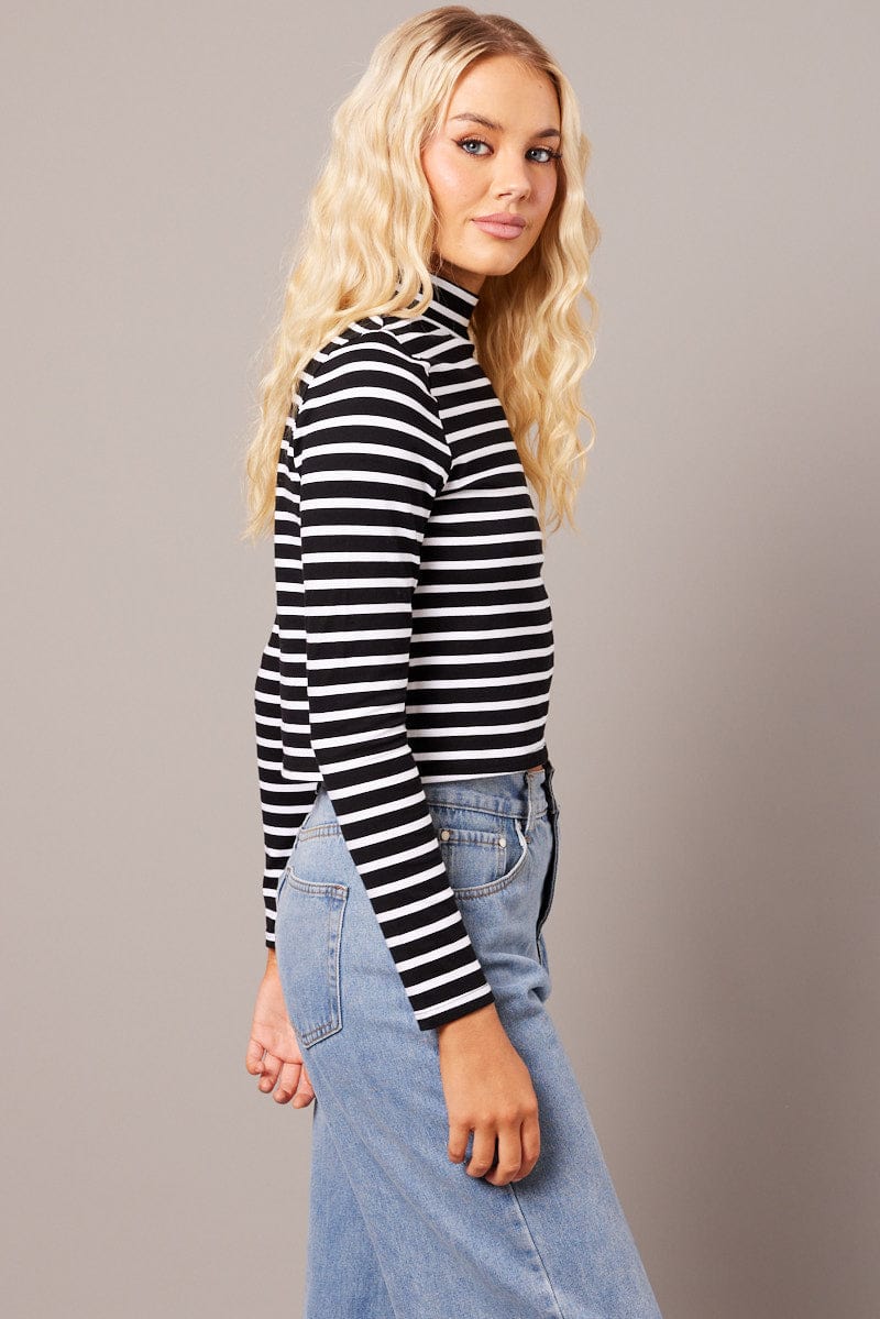 Black Stripe Top Long Sleeve High Neck for Ally Fashion