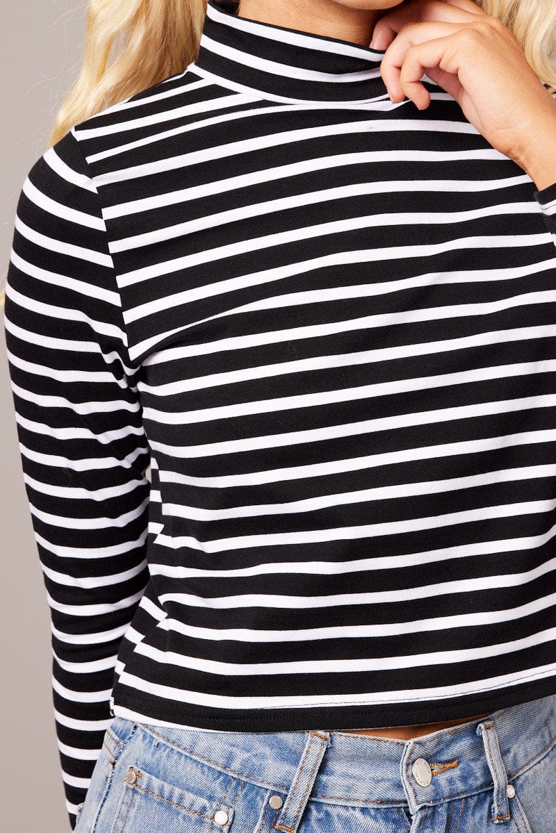 Black Stripe Top Long Sleeve High Neck for Ally Fashion