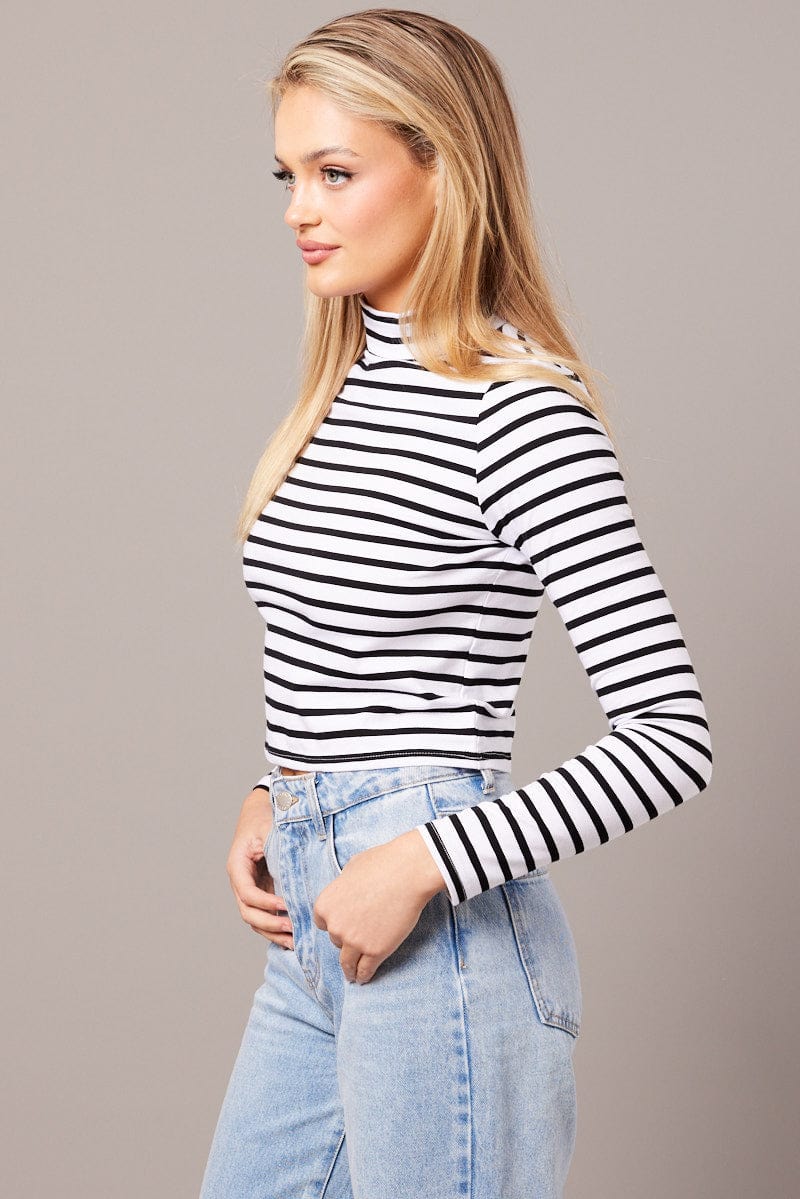 White Stripe Top Long Sleeve High Neck for Ally Fashion