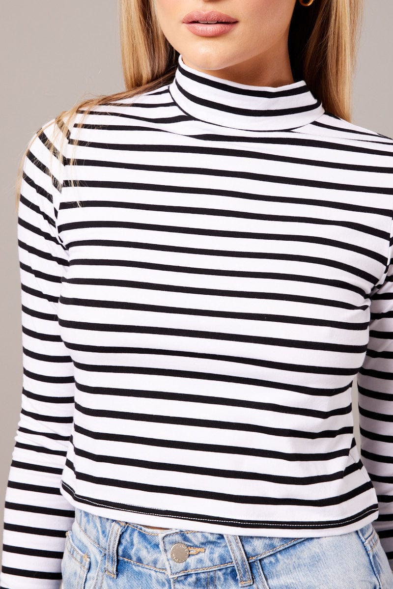 White Stripe Top Long Sleeve High Neck for Ally Fashion