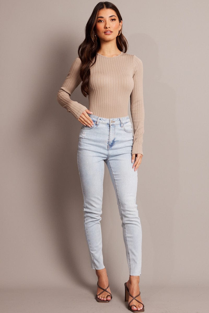 Beige Bodysuit Long Sleeve Crew Neck Seamless for Ally Fashion