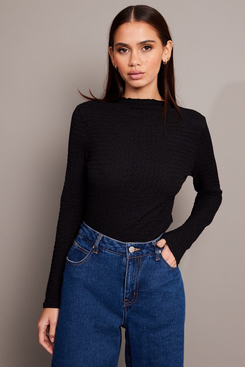 Black Textured Top Long Sleeve High Neck for Ally Fashion