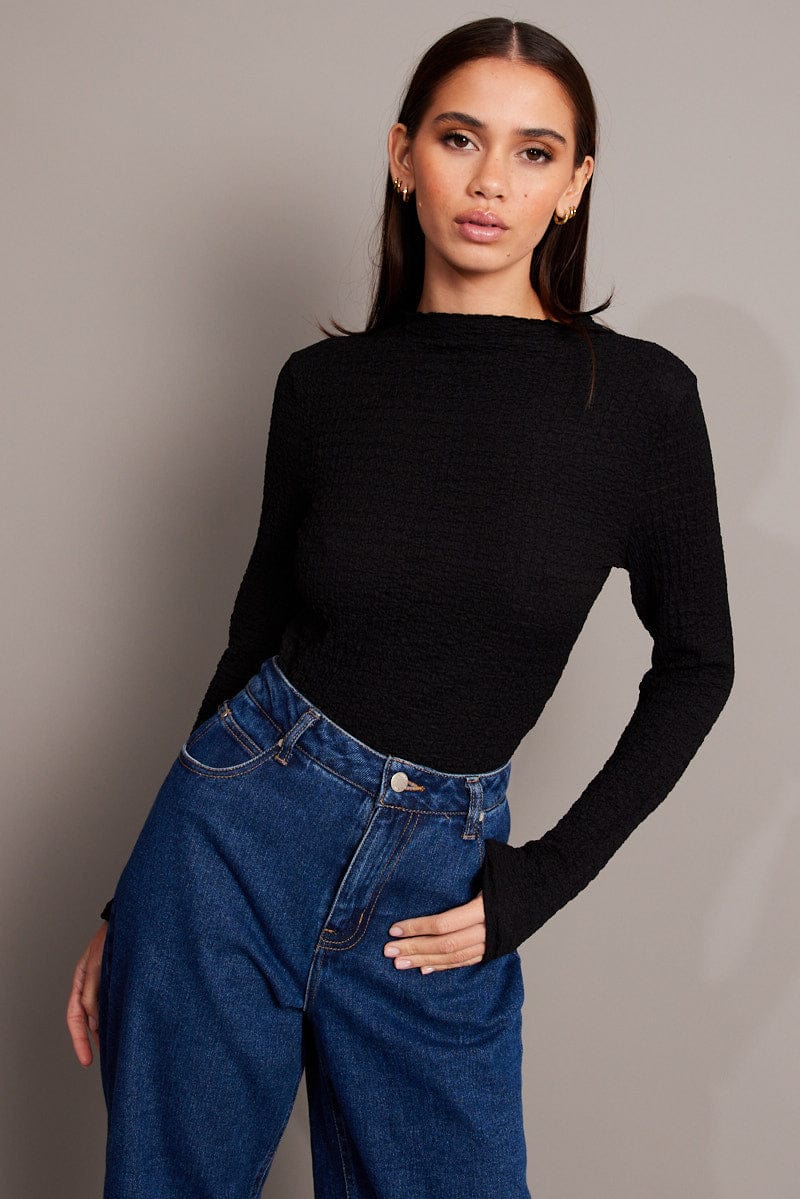 Black Textured Top Long Sleeve High Neck for Ally Fashion