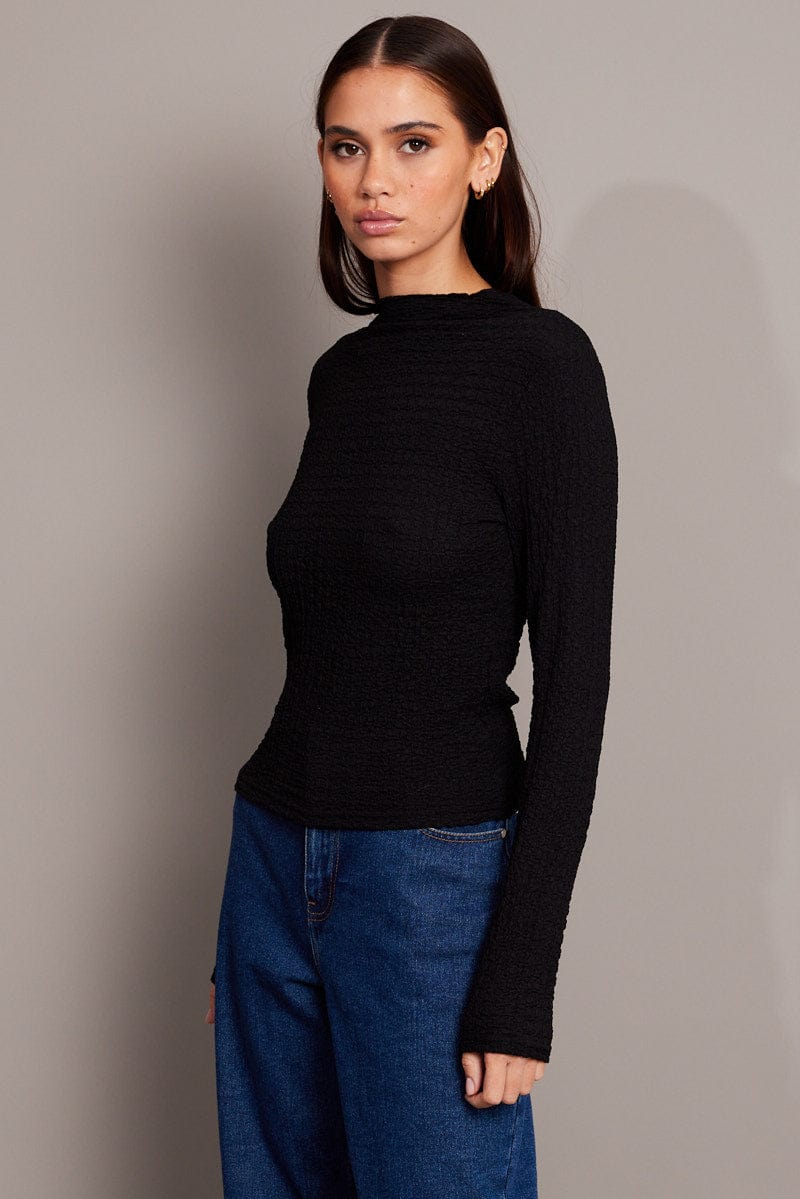 Black Textured Top Long Sleeve High Neck for Ally Fashion