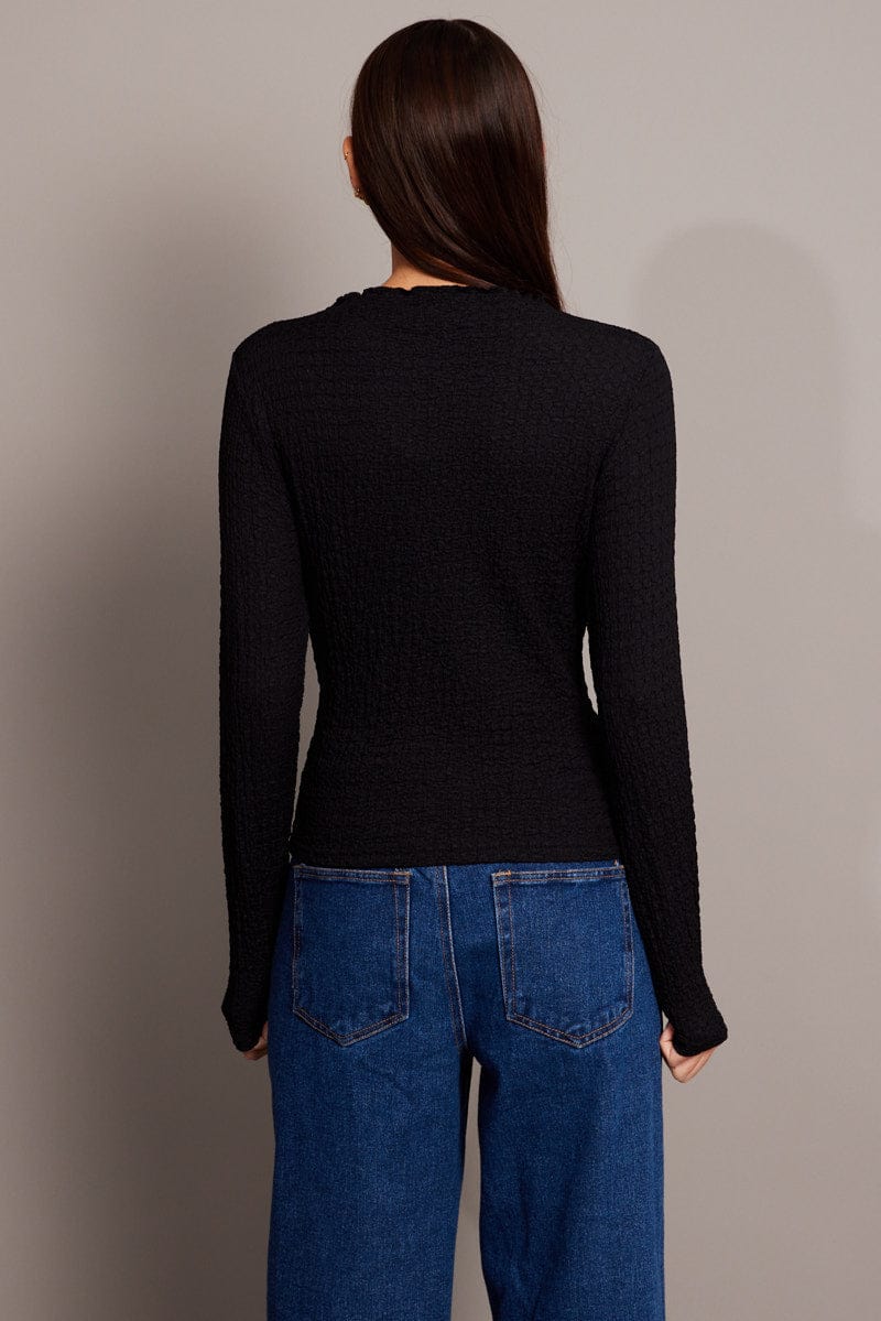 Black Textured Top Long Sleeve High Neck for Ally Fashion