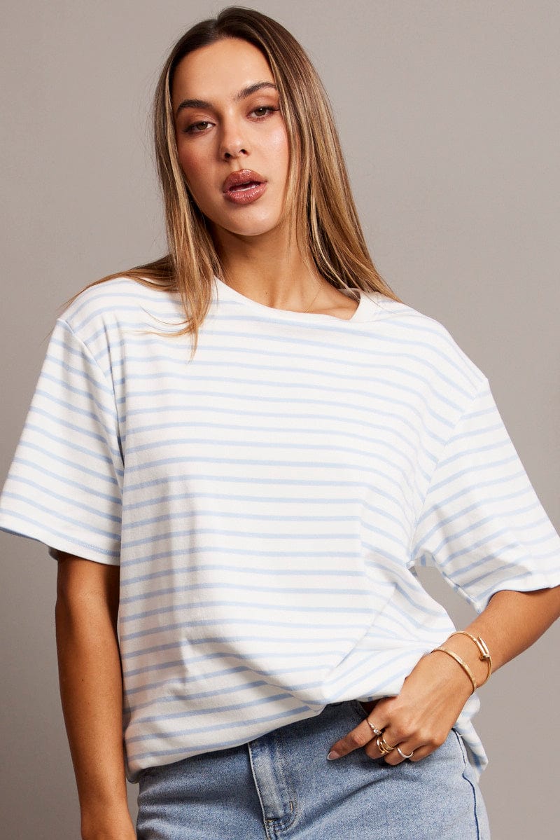 Blue Stripe Oversized T Shirt Short Sleeve Crew Neck for Ally Fashion