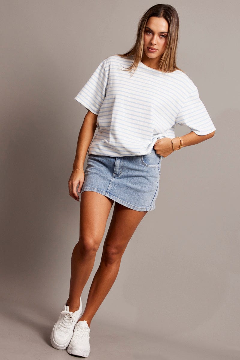 Blue Stripe Oversized T Shirt Short Sleeve Crew Neck for Ally Fashion