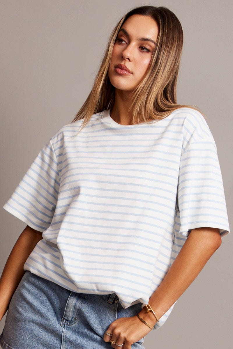 Blue Stripe Oversized T Shirt Short Sleeve Crew Neck for Ally Fashion