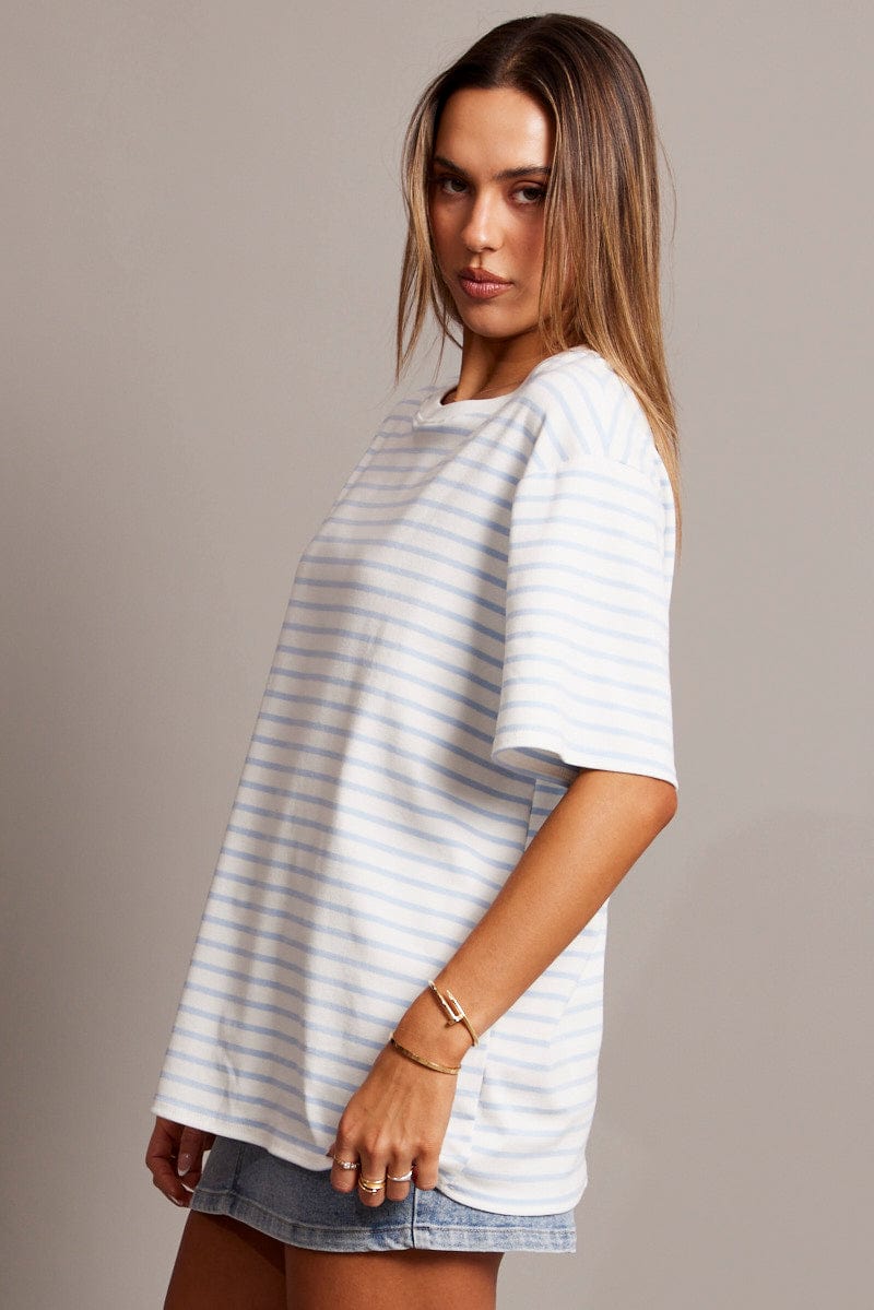 Blue Stripe Oversized T Shirt Short Sleeve Crew Neck for Ally Fashion